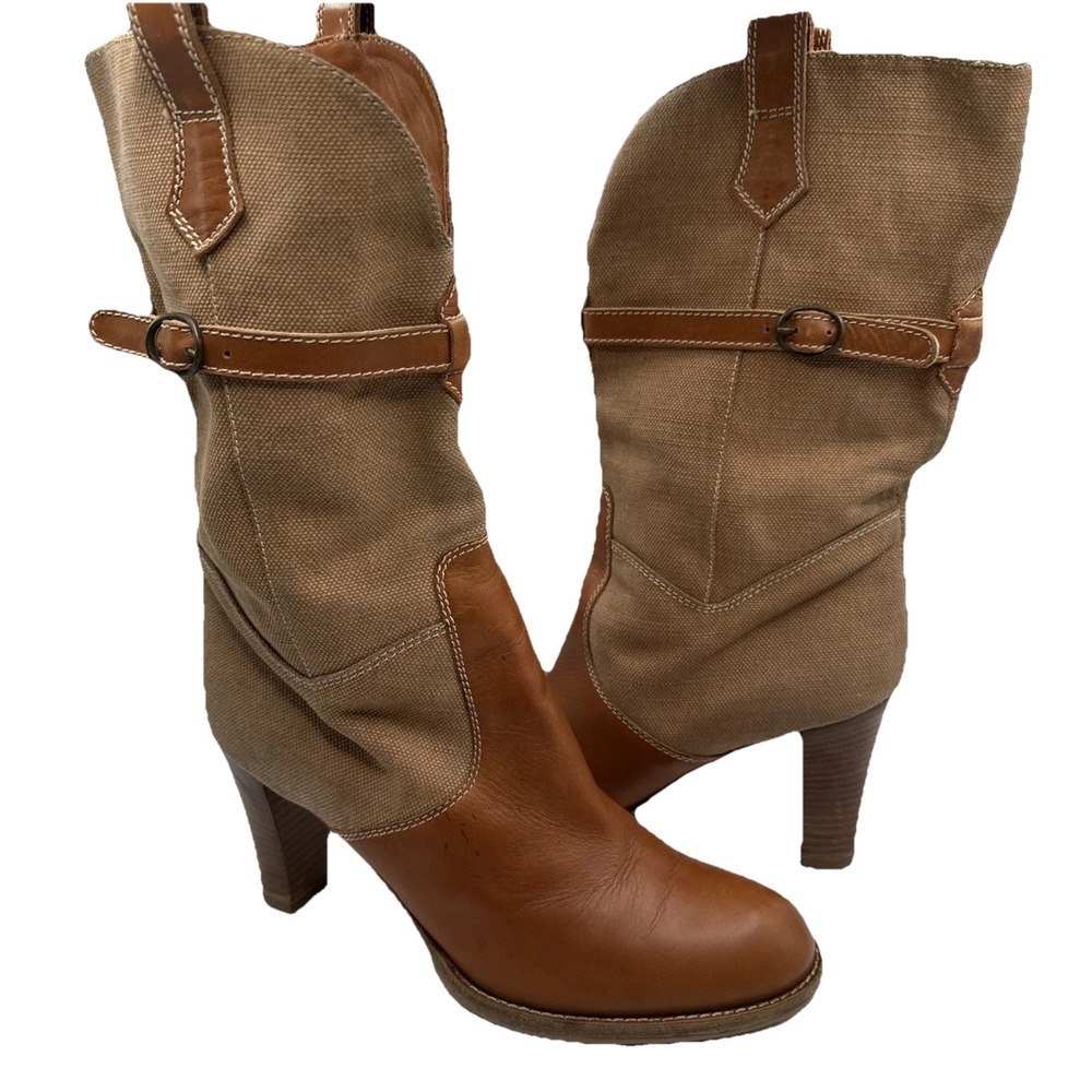 Paul & Joe Canvas Leather Strappy Cognac‎ Brown Tan Heel Boots Sz 8 - 8.5